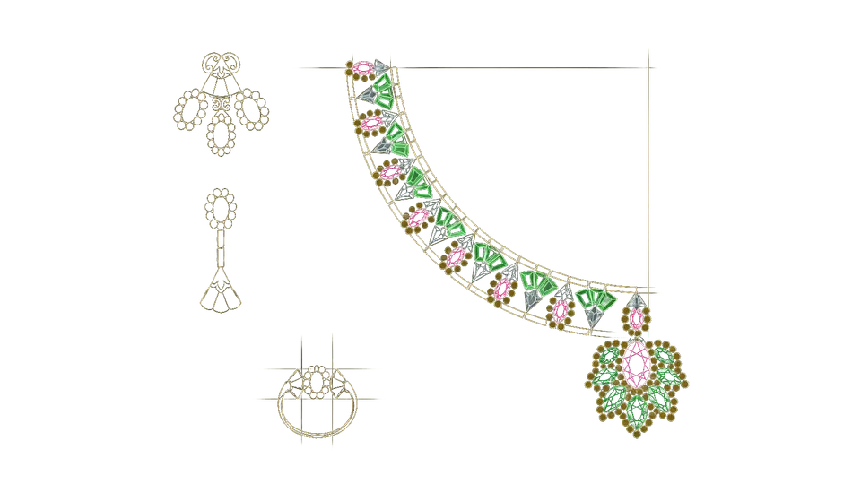 Sketch: A necklace, earrings, and ring with green and red accents.