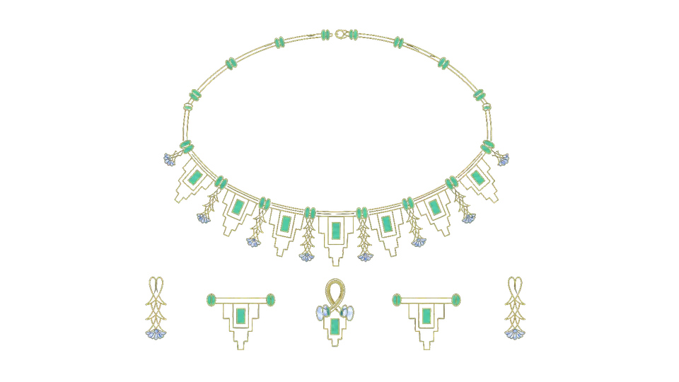 Sketch: A necklace and matching ornaments with rectangular motifs.