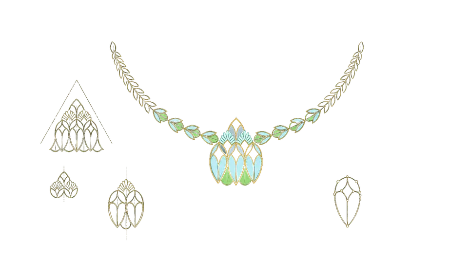 Sketch: A leaf-pattern necklace with a blue pendant motif.