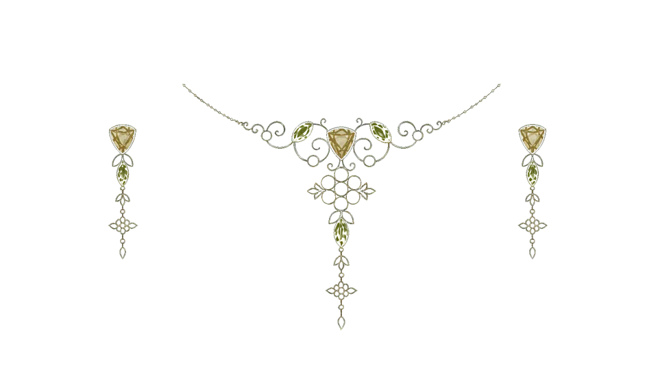 Sketch: A necklace and earrings with scrolling and floral motifs.